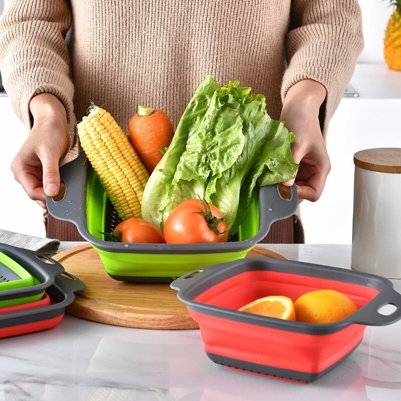 Foldable Silicone Square Drain Basket Collapsible Kitchen Organizer Fruit Vegetable Strainers